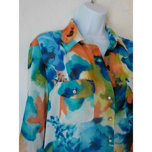 Sunny Leigh Women Small Shirt Floral Sheer Chiffon Jewel Button Multicolor Tunic - Picture 4 of 9